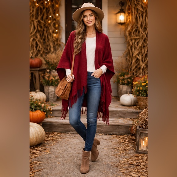 Echo Sweaters - Echo Red Fringe Poncho Wrap Shawl Boho Cozy One Size Cape